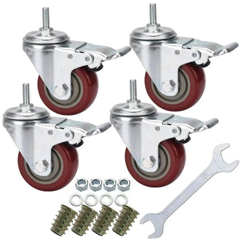 Image showing a set of four Three Inch Heavy Duty Stem Casters 360 Degree Swivel Durable PVC Wheels with accessories included.