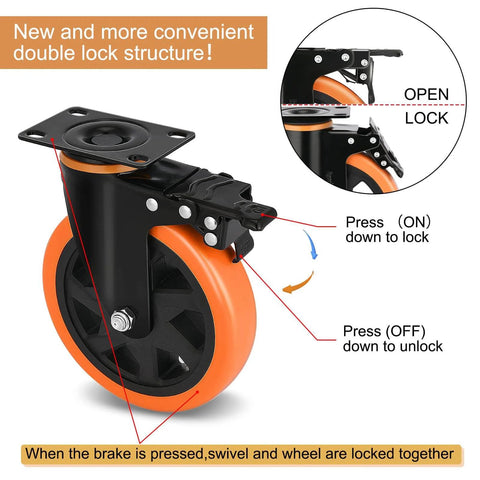 Close-up of a 3 inch heavy duty plate swivel caster wheels set of 4 with safety brakes silent non marking PVC wheels showing dual locking mechanism.
