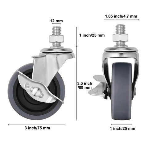 3 Inch Caster Wheels Set Of Four With Side Brake Heavy Duty Swivel Casters For Workbenches Carts And Shelving Units 600 Lb Per Wheel Load Capacity M12 1.75 By 25 Mm Threaded Stem Quiet Non Marring Replacement showing dimensions and side view