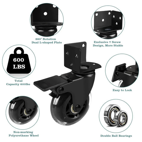 Three Inch Side Mount Caster Wheels Set Of Four With Two Brakes And Two Without Brakes, Heavy Duty Industrial Casters with L Shaped Bracket