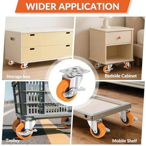 3 Inch Heavy Duty Caster Wheels Set of 16 with Brake shown on furniture, trolley, bedside cabinet, and mobile shelf applications