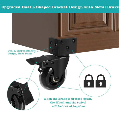 Three Inch Side Mount Industrial Caster with L Shaped Bracket and Metal Locking for Furniture DIY usage, shown installed