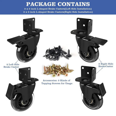 3 Inch L Shaped Plate Swivel Caster With Brake Side Mount Quiet Non Marking Polyurethane Wheels 600 Lb Capacity Set Of 4
