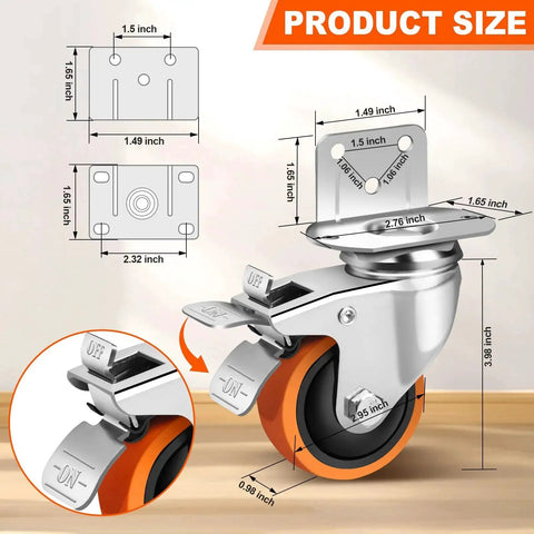 3 Inch Side Mount Casters Set Of 4, L-Shape Heavy Duty Plate Casters With Brakes, 1000 Lbs Total Capacity, Silent Rubber Swivel Casters