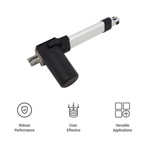 3 Inch Stroke Electric Linear Actuator, 400 lbs Force, IP66 Water Resistance, black and white design, side view with features