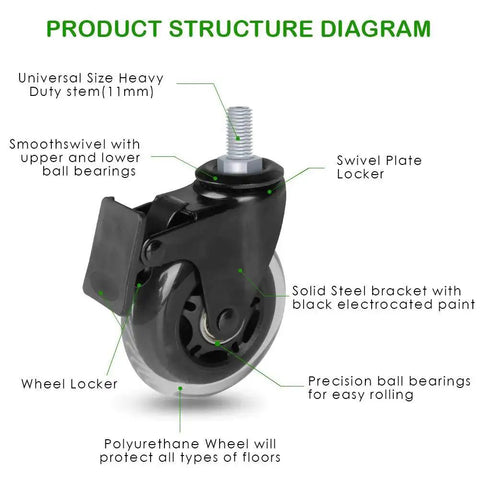 Brake Caster With Three Eighths Inch 16UNC Threaded Stem, Heavy Duty 3 Inch Lockable Bearing Caster With Lock Nuts For Office Chairs And Home Furniture, Set Of 5, Durable Steel Stem, Smooth Rolling Wheels, Anti Scratch Non Marking, Easy To Install product diagram