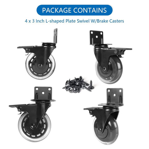 3 Inch L Shaped Plate Casters, 4 Pack Side Mount Lockable Furniture Caster Wheels With Non Marking Polyurethane