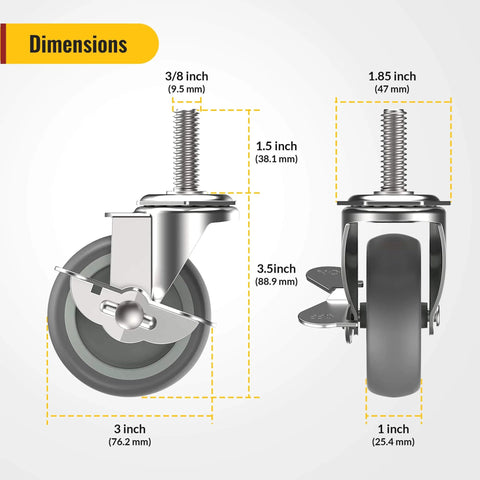 Dimensions of 3 Inch Locking Caster Wheels Set of 4 with Threaded Stem 3/8-16 x 1-1/2, showing measurements and gray rubber wheels.