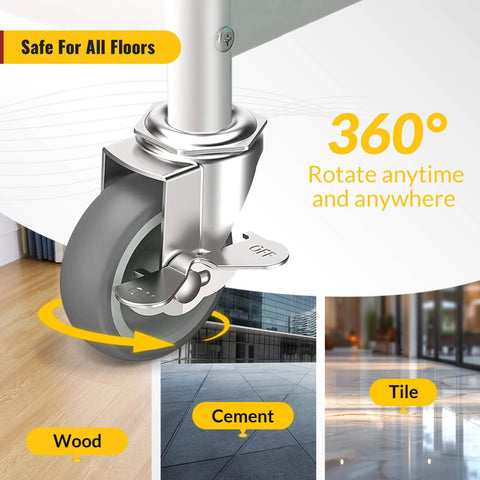 3 Inch Locking Caster Wheels Set of 4 with Threaded Stem 3/8-16 x 1-1/2, heavy duty swivel casters with side brake, gray rubber wheels