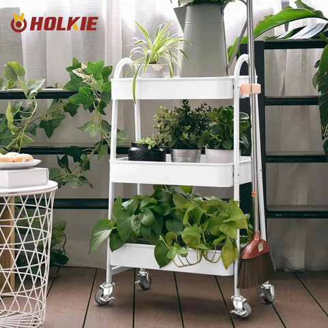 Indoor plant cart with white frame on 3 Inch Locking Caster Wheels Set of 4 with Threaded Stem 3/8-16 x 1-1/2