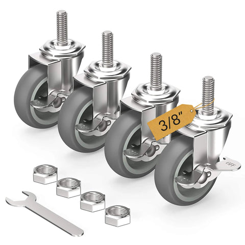3 Inch Locking Caster Wheels Set of 4 with Threaded Stem 3/8-16 x 1-1/2, heavy duty swivel casters with side brake, wrench included
