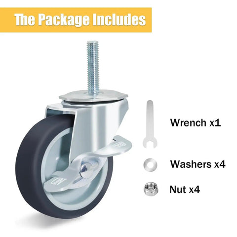 3 Inch Caster Wheels Locking Stem Casters Set Of 4 Threaded Stem Size 3 8 Inch 16 UNC By 1 2 Inch Heavy Duty Steel Housing Coffee Rubber Wheel Swivel Castors For Furniture And Carts With Side Brake with included accessories like wrench and nuts.