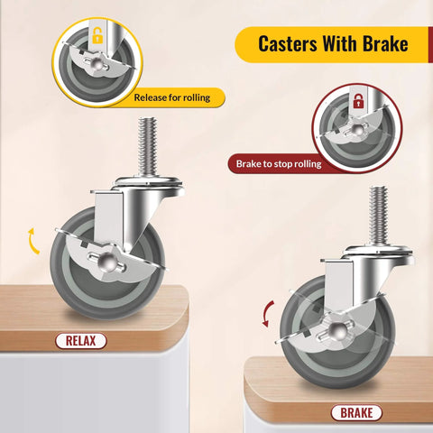 Illustration showing 3 Inch Locking Caster Wheels Set of 4 with Threaded Stem 3/8-16 x 1-1/2, with swivel casters and side brakes in use.