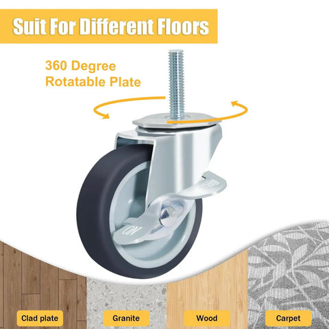 3 Inch Caster Wheels Locking Stem Casters Set Of 4 Threaded Stem Size 3 8 Inch 16 UNC By 1 2 Inch with side brake on various floor types
