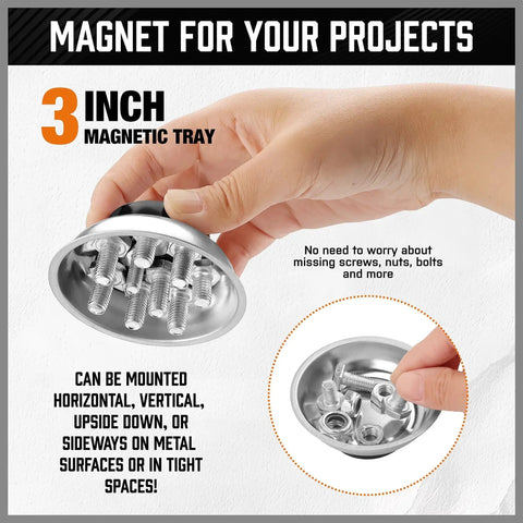 Effortlessly retrieve metal parts from tight spots, under machines, and around the shop with this 3 inch magnetic tray for metal surfaces.