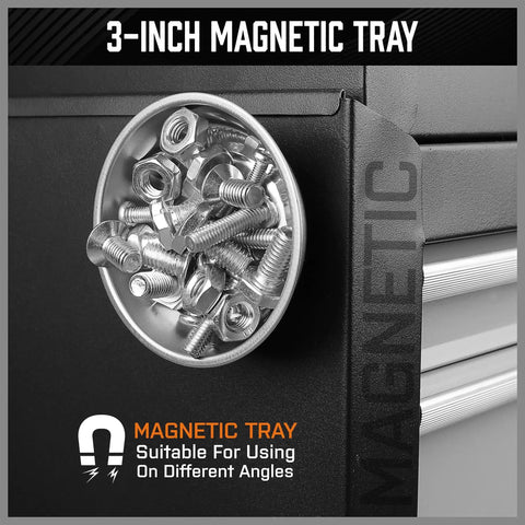 3-inch round magnetic tray holding metal screws against a black surface