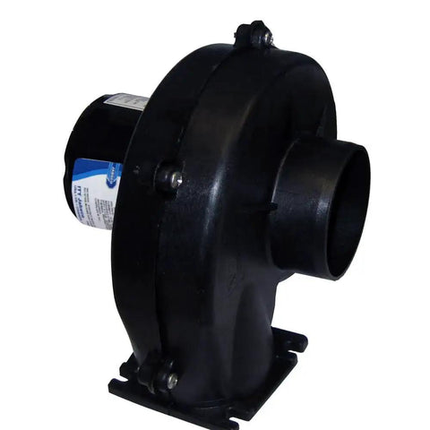 Efficient 3 inch flangemount marine blower delivers 100 CFM at 115V AC, corrosion-resistant housing, side view