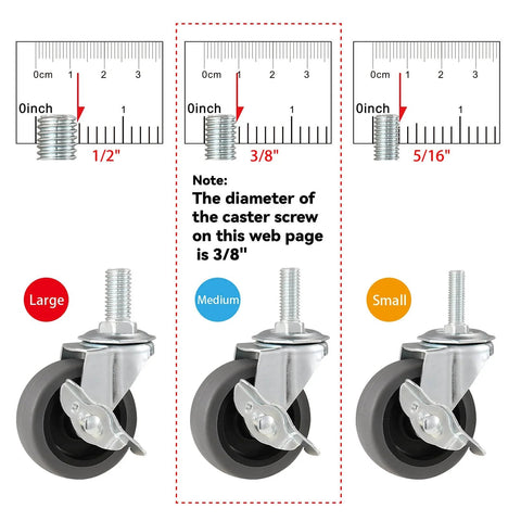 Three sizes of 3 inch locking swivel stem caster wheels, 3/8-16 x 1 threaded stem, rubber no noise, comparison with ruler
