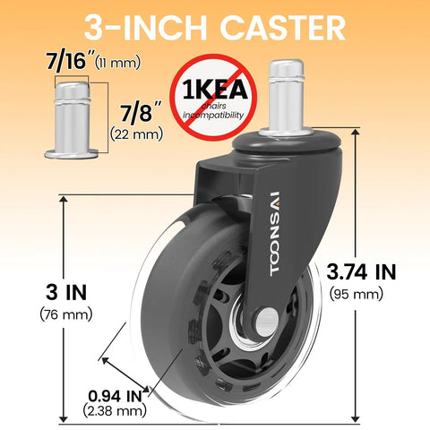 3 Inch Office Chair Wheels Replacement Casters For Carpet And Hard Floors 7-16 Inch Diameter And 7-8 Inch Stem Length