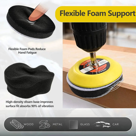 3 Inch Polishing Kit With Hook And Loop Sanding Discs 12 Grits 80 To 10000 showing foam padding for reduced vibration and hand fatigue