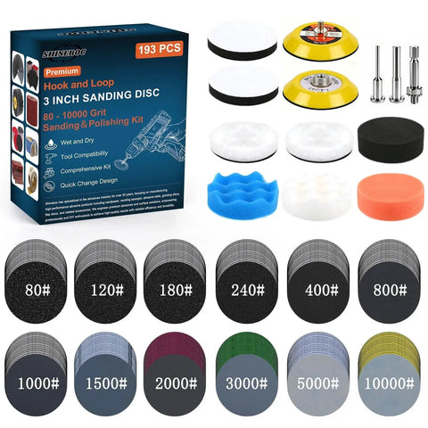 3 Inch Polishing Kit With Hook And Loop Sanding Discs 12 Grits 80 To 10000 displayed with foam and washable pads