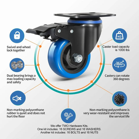 3 Inch Caster Wheels Set Of 4 Heavy Duty With Brake And Dual Locking Casters, Quiet Polyurethane Foam Wheels shown with features