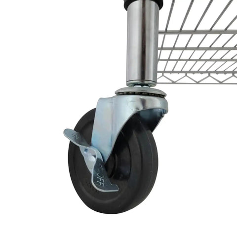 3 Inch Heavy Duty Caster Wheels With 1 Quarter Inch Thread Stem Set Of 4 For Wire Shelving Furniture And Carts Durable Polyurethane And Steel Construction Replacement Wheels For Home Office Shop Carts And Shelving Units, installed on wire shelving