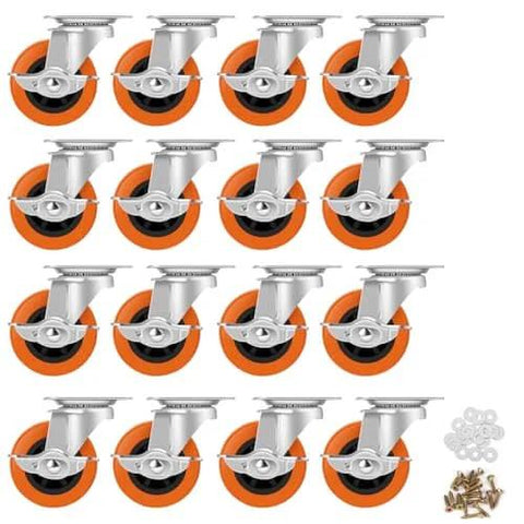 3 Inch Heavy Duty Caster Wheels Set of 16 with Brake, Swivel Top Plate, orange polyurethane wheels for furniture, carts, workbenches