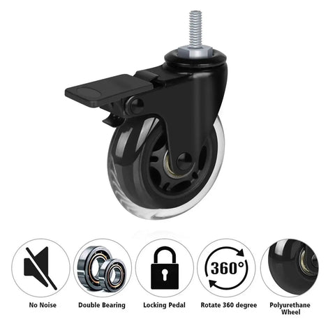 3 Inch Heavy Duty Rubber Caster Wheels With Brakes For Carts, Dollies And Furniture, Quiet Smooth Rolling Swivel Castors, side view