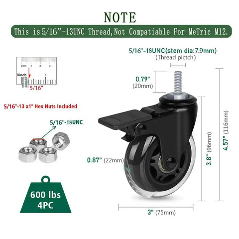3 Inch Heavy Duty Rubber Caster Wheels With Brakes For Carts, Dollies And Furniture, showing dimensions and 5/16-18 threaded stem.