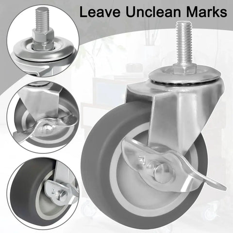 Close-up of Set Of Four 3 Inch Caster Wheels With Locking Brakes, Rubber Heavy Duty Casters, showing metal stem and brake
