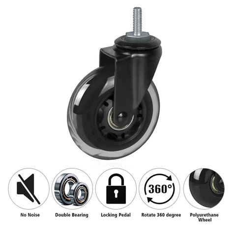 Close-up of Three Inch Rubber Caster Wheels Heavy Duty With 5/16-18 X 1 Threaded Stem Set Of Four for furniture, featuring double bearing and 360-degree rotation.