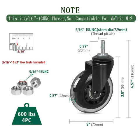 Three Inch Rubber Caster Wheels Heavy Duty With 5/16-18 X 1 Threaded Stem Set Of Four Quiet And Smooth Rolling Castors