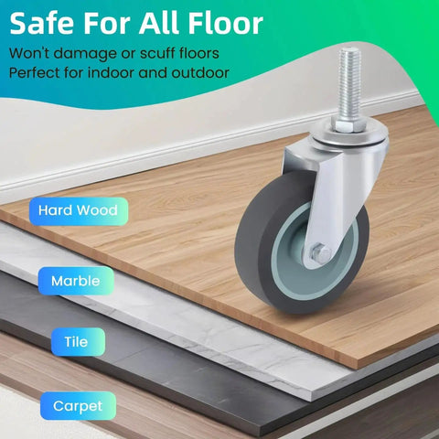 Heavy Duty 3 Inch Swivel Stem Casters Set Of 4 With Threaded Five Sixteenth Inch 18 UNC By One And One Half Inch Rubber Wheels For Wire Shelving Furniture And Carts Load Bearing 600 Lbs Total 150 Lbs Each Includes Nuts Washers And Spanner on various floor types