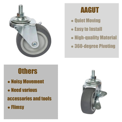 Set Of Four 3 Inch Caster Wheels With Locking Brakes, Rubber Heavy Duty Casters For Workbenches, Carts, Furniture Top View