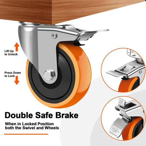 Close-up of L-shape heavy duty plate caster with brake, part of the 3 Inch Side Mount Casters Set Of 4, showing double safe brake mechanism.