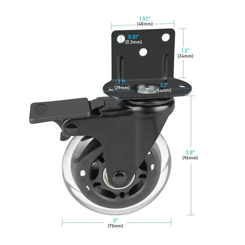 Side Mount Casters Set Of 4 With Brake, 3 Inch L Shaped Plate Casters For Furniture, showing black polyurethane wheel and mounting plate