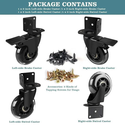 Three Inch Side Mount Caster Wheels Set Of Four With Two Brakes And Two Without Brakes, Heavy Duty Industrial Casters With L Shaped Bracket