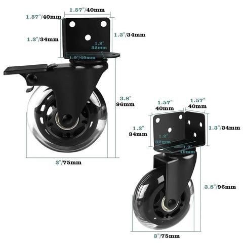 Three Inch Side Mount Caster Wheels Set Of Four With Two Brakes And Two Without Brakes, Heavy Duty Industrial Casters With L Shaped Bracket