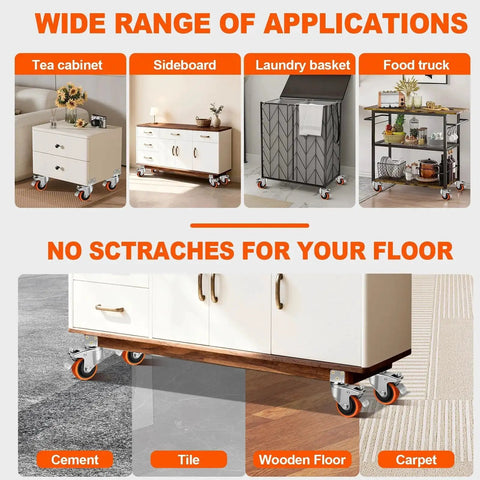 3 Inch Side Mount Casters Set Of 4 shown on furniture and carts, suitable for various flooring surfaces like cement, tile, wood, carpet.