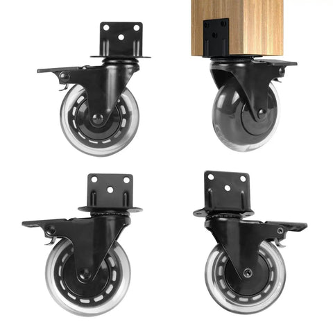 3 Inch L Shaped Plate Casters, 4 Pack Side Mount Lockable Furniture Caster Wheels With Non Marking Polyurethane, Quiet Rolling and Shock Absorption, Rustproof Stainless Steel Core For Tables And Cabinets on a wooden furniture piece.