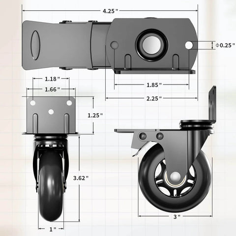 Diagram of 3 inch side mount plate caster wheels L shaped heavy duty set of 4 with brake, dimensions labeled, 360 degree swivel locking castors