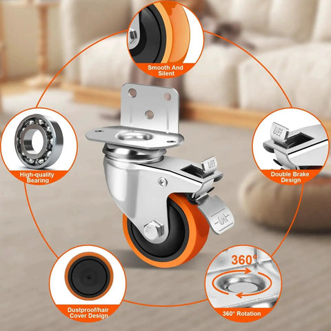 3 Inch Side Mount Casters Set Of 4, L-Shape Heavy Duty Plate Casters With Brakes, 1000 Lbs Total Capacity, Silent Rubber Swivel Casters