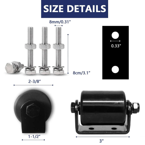 Size details of 2Pack Slide Gate Guide Roller with C Post Welded Bracket, hard nylon roller, screws, and components shown.