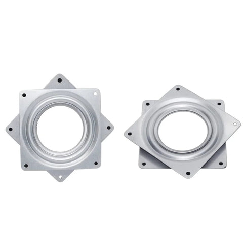 4 Pack 3 Inch Square Lazy Susan Hardware, Metal Turntable Bearings with Steel Ball Raceway, showing zinc plated swivel plates for cabinets