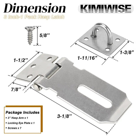 Dimensions diagram of 3 Inch Stainless Steel Hasp Latch with brushed finish, showing parts and measurements in a 1 pack.