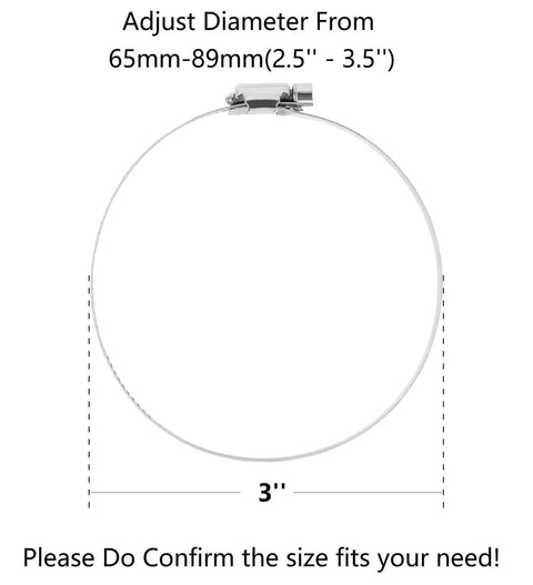 3 Inch Duct Clamp Stainless Steel Large Hose Clamp Adjustable Diameter 65 To 89mm Worm Drive Clamp for Plumbing Dryer Vent Automotive Mechanical Agriculture Heavy Duty Corrosion Resistant High Strength 4 Pack shown in adjustable state.