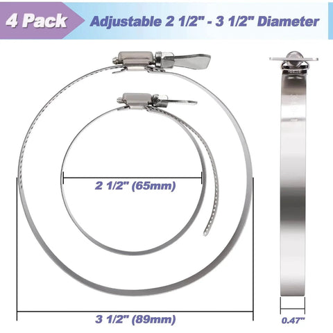4 Pack Three Inch Hose Clamps Set Adjustable From Two And A Half Inch To Three And A Half Inch Diameter 304 Stainless Steel