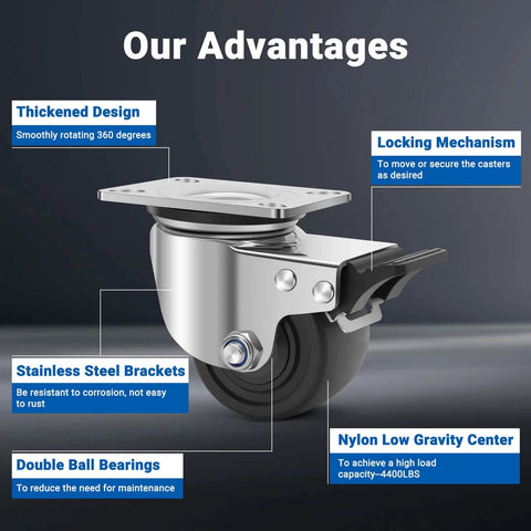 3 inch stainless steel heavy duty caster wheels set of 4 with swivel plate design features like locking mechanism and double ball bearings.