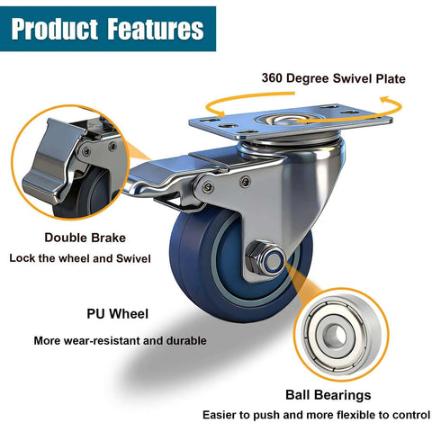 3 inch stainless steel caster wheels with total lock brake made from SUS 304, washable maintenance free casters designed for sanitary use in a 2 pack close-up with features highlighted.